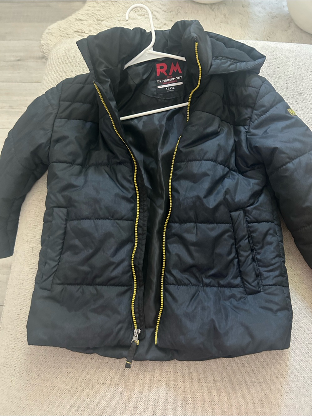 RM By RMG Black Quilted Puffer Jacket with Yellow Trim